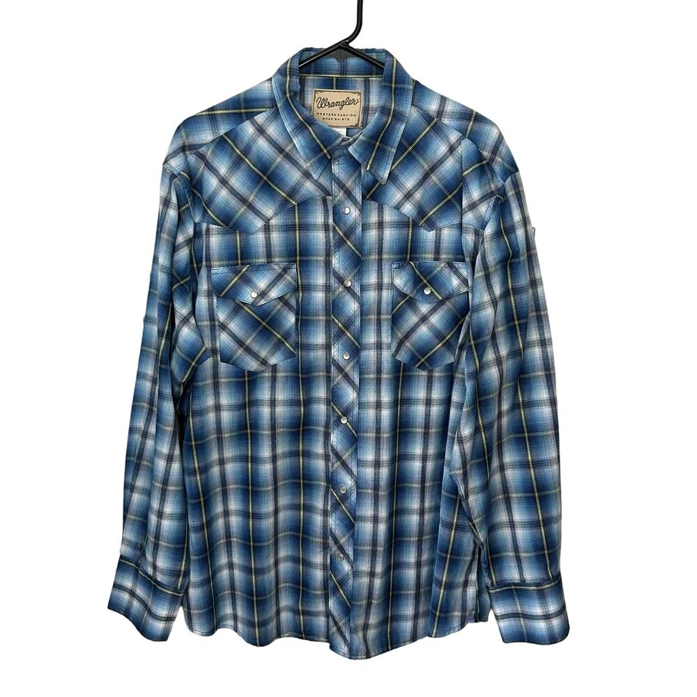 Wrangler Western Snap Shirt Mens Size XL Blue Pockets Cowboy Rancher Long Sleeve